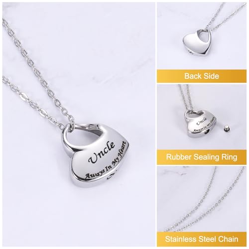 sourcing map Heart Cremation Necklace for Ashes Uncle, Urn Ash Memorial Cremation Necklaces Waterproof Keepsake Pendant with Funnel Kit for Ashes of Loved Ones (Silver Tone)