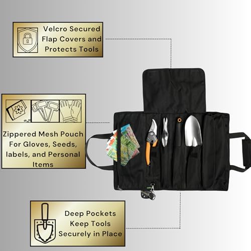 OGRE roll-up garden tool bag in black, heavy-duty organizer with 6 pockets, bag only