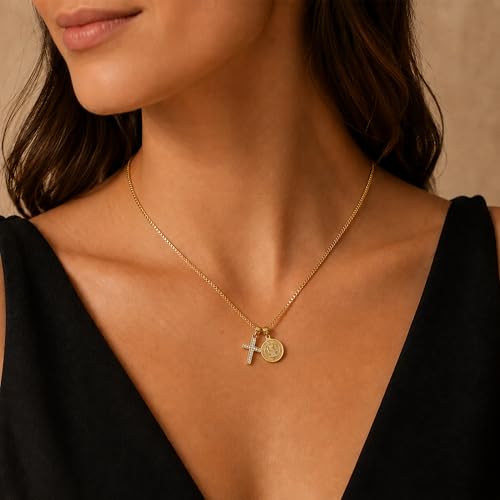 Gold Cross Necklace for Women, 14K Gold Plated Double Pendant Necklace with Cubic Zirconia Cross, Dainty Box Chain Religious Jewelry Gift, Adjustable 18"+2" B