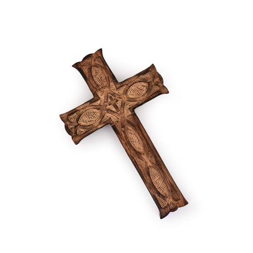 Indus Lifespace Wooden Wall Hanging Cross Handmade Antique Design - Rustic Look Decorative Religious Altar Spiritual Art Sculpture Home Living Room Decor (25.4cm x 15.24cm x 1.90cm)