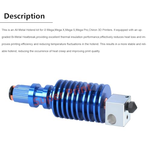 Super Print Upgrade I3 Mega All Metal Hotend Kit,Bi-Metal Heatbreak,Heater Block Aluminum,V6 Hardened Steel Nozzle 0.4mm for I3 Mega,Mega X,Mega S,Mega Pro,Chiron,V5 Print Head Hotend. I3 Mega Hotend Mega-Hardened Steel Kit