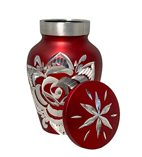 Mainely Urns Set of 4 Crimson Keepsake Cremation Urns for Human Ashes with Engraved Rose Design Small 3 Cubic Inch Capacity Urns for Sharing and Memorializing a Loved One