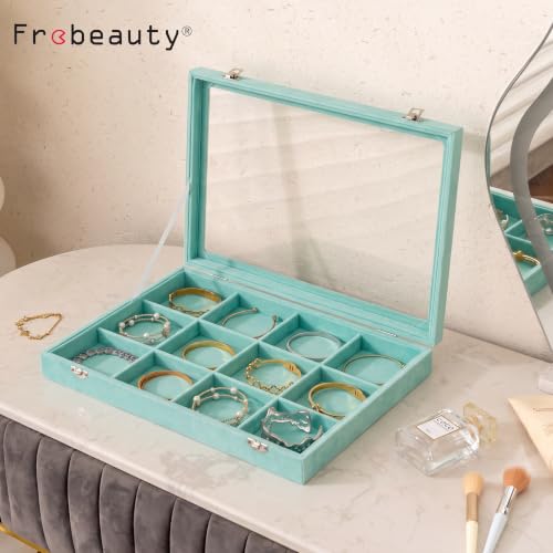 Frebeauty 12 Grid Bracelet Holder Box,Velvet Jewelry Tray with Clear Lid Turquoise