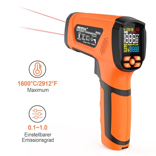 Infrared Thermometer MESTEK -40°C to 1600°C High Temperature Digital Laser Temperature Meter with K-Probe IR Pyrometer Non-Contact LCD Alarm Adjustable Emissivity for Kitchen Industry IR05A-Orange