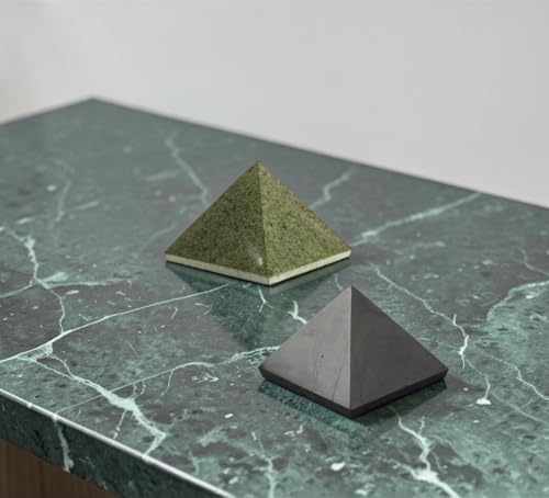 Karelian Heritage Shungite and Green Basalt Pyramid Set 2 Pack, Meditation Authentic Solid Stones, 2 Inch Polished Sacred Geometry Healing Crystals (Light Green) Light Green