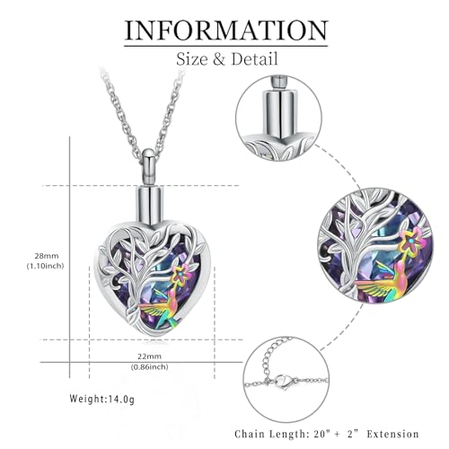 shajwo Hummingbird Cremation Jewelry Heart Urn Necklace for Ashes Purple+rainbow