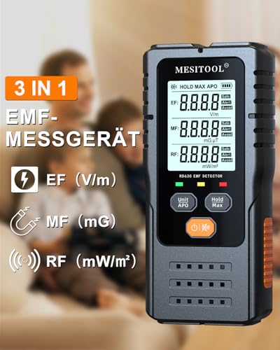 EMF Meter EF/MF/RF 3-in-1 Electromagnetic Field Meter Digital Electromagnetic Radiation Detector Radiation Detector for Home, Office grey