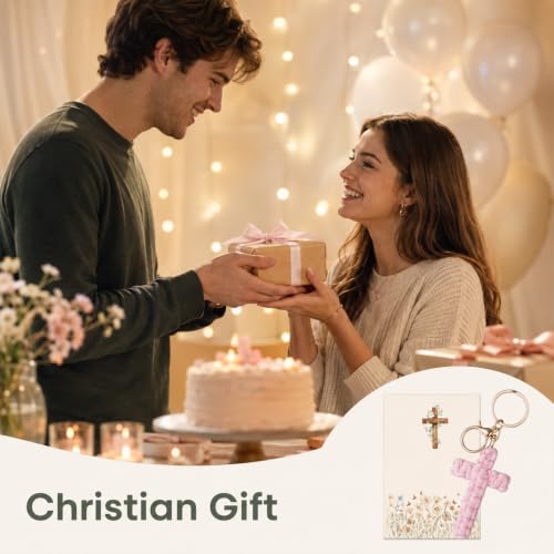 4 PCS First Holy Communion Gifts for Girls, Hand-Knitting Cross Keyring with Baptism Card, Christian Gifts for Christian Believers