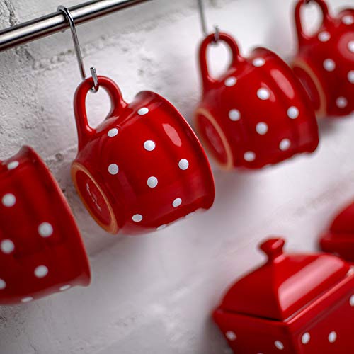 City to Cottage Handmade Red and White Polka Dot Large Ceramic 12oz/350ml Cappuccino Coffee Tea Cup and Saucer, Unique Designer Pottery Gift for Tea Lovers Red - 12oz (350ml)
