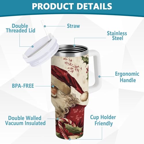 YETTASBIN Christmas Santa Claus 40 oz Tumbler with Handle, Stainless Steel Vacuum Insulated Sports Water Bottle, Leak-proof Travel Coffee Mug Cup with Lid and Straw for Water, Iced Tea or Coffee 40 Ounces