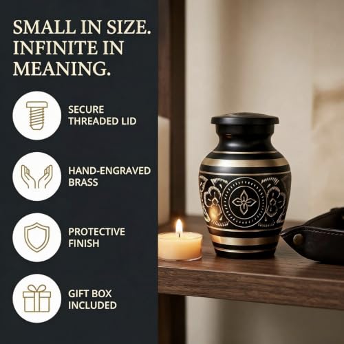 Small Urns for Human Ashes – Brass Hand-Engraved Funeral Keepsake with Elegant Black Finish – Mini Cremation Memorial for Mom, Dad & Loved Ones Small