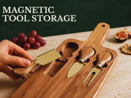 Acacia Cheese Board Set with Gold Cheese Knives & Magnetic Tool Storage