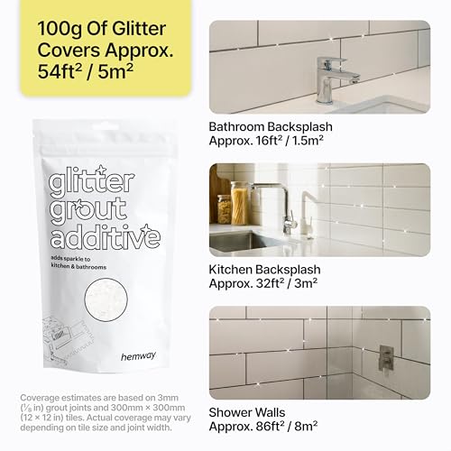 Hemway white iridescent glitter grout additive with metallic flakes, 100g tub for tile grout