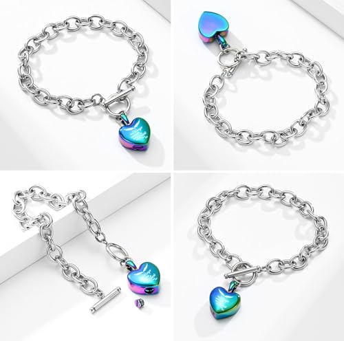 Heart Cremation Bracelet for Ashes Urn Bangles for Pet/Human Ashes Memorial Keepsake Ash Jewellery for Women Men Rainbow