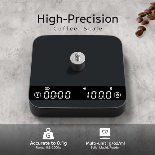 Coffee Scales with Timer, 4 Modes Mini Digital Espresso Scale, 0.1g High Precision Coffee Weighing Scale with Flow Rate for Pour-over Coffee, Rechargeable Kitchen Scales, Max 2kg, Black