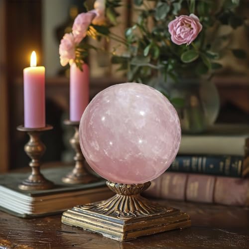 1.6-2 inch Natural Pink Crystal Ball with Stand, Hand Polished Rose Quartz Gemstone Sphere, Reiki Healing Energy Stone, Feng Shui Home Desktop Ornament, Spiritual Meditation Decorative Gift 40-50mm