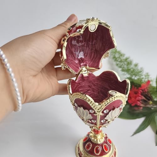 Enamel Big Pearl Easter Egg Figurine Jewelry Box Faberge Egg Hand Painted Trinket Container Ornamental For Home & Office Decor Red