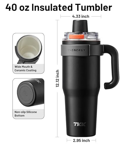 TKK 40 oz Insulated Tumblers with Handle and Straw, Stainless Steel Travel Mug with Ceramic Coating, Leak Proof Double Walled Iced Coffee Cup with Strainer for Hot & Cold Drinks, Black
