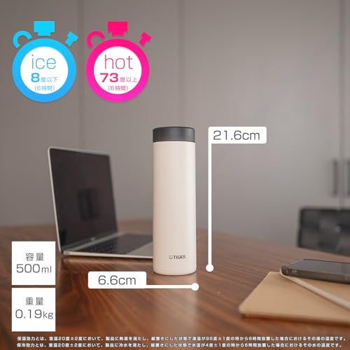 TIGER MMZ-W060WK Water Bottle, 20.3 fl oz (600 ml), White Water, Screw Stainless Steel Bottle, With Lid and Seal, Easy Wash, Easy Cap, Vacuum Insulated, Mug, Hot or Cold Insulated, Tumbler-Safe eaglet white 20.3 Ounces MMZ shape