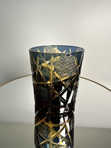Whiskey Glass 9 oz Blue & Brown Hand-Cut Glass Tumbler, Edo Style