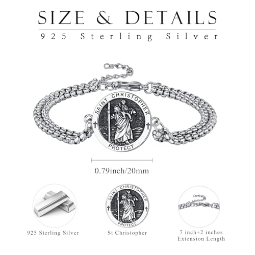 St Christopher Bracelet for Men 925 Sterling Silver Christopher Jesus Amulet Bracelet Adjustable Religious Protection Jewellery Birthday Gifts 02-St Christopher Bracelet