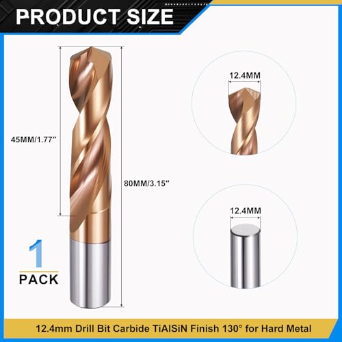 PATIKIL 12.4mm carbide jobber drill bit with 130° tip for stainless steel and hard metal