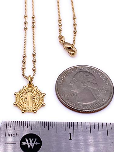 LESLIE BOULES Gold Saint Benedict Round Medal Necklace for Women 18K Gold Plated Chain Religious Jewelry