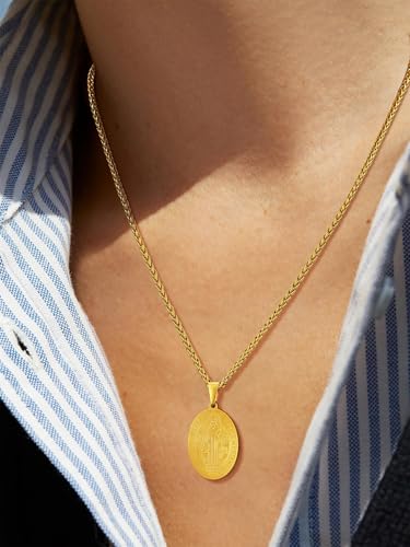 U7 Saint Benedict Medal Necklace for Men Women, Stainless Steel Catholic Pendant, Silver Gold st Crucifix Religious Protection Cross Jewellery for Faith Believers Christians, 22+2 Inches Wheat Chain
