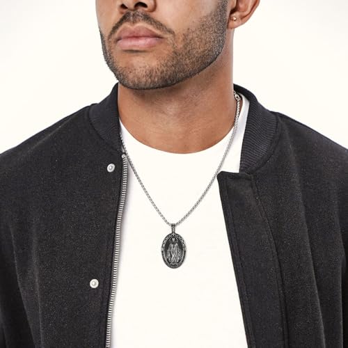 HZMAN Virgin Mary Necklace for Men Women Stainless Steel Vintage Medal Pendant Christian Faith Jewelry