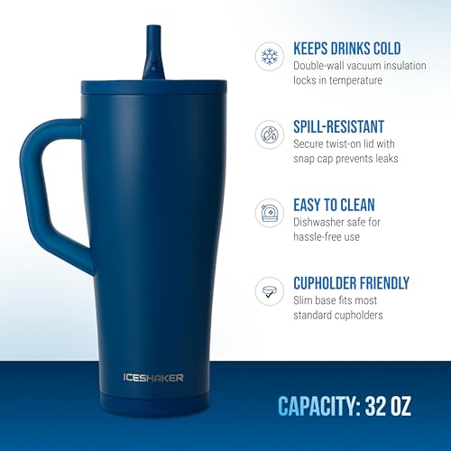 Ice Shaker 32 oz Tumbler with Handle and Straw | 32oz Navy | Cold for 30+ Hours | 2-in-1 Tumbler Shaker Bottle | Odor-Free 32 ounce Bottle for Water, Protein Shakes, Smoothies, Cocktails