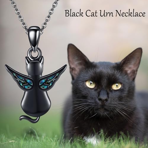 YAFEINI Urn Necklace for Ashes 925 Sterling Silver Black Cat Cremation Jewelry Memorial Keepsake Jewelry with Funnel Filler for Women