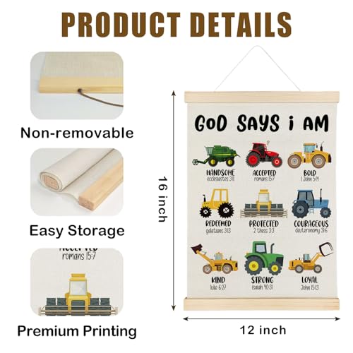 Nrleey Construction Bible Verses Wall Decor with Wooden Poster Hanger - Construction Room Decor for Boys, God Says I Am Christian Wall Art Posters for Little Boys Room Playroom Nursery, 12x16 Inch 16"L x 12"W Christian Coquette- 13