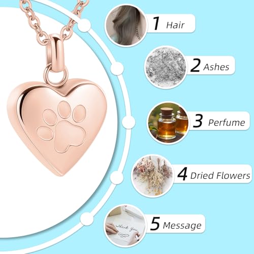 Pet Heart Cremation Jewelry For Ashes For Dog/Cat Paw Stainless Steel Memorial Locket Urn Necklace Paw Print Pet Heart Urn Necklace Memorial Keepsake Jewelry Ashes Rose Gold