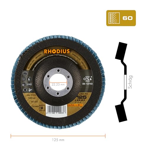 Rhodius LSZ F3 Flap Disc, 125 mm, K60, Pack of 10, Alphaline | Made in Germany, zirconia corundum, good cutting performance, good service life, for angle grinders, low vibration 10 x diameter 125 K60