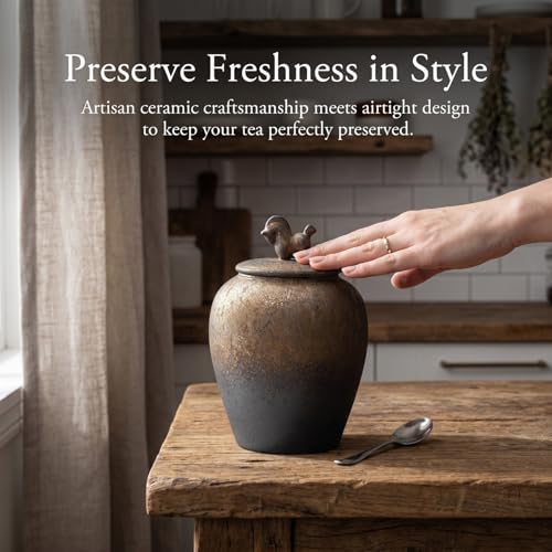 Luxshiny Ceramic Tea Leaf Storage Jar with Airtight Lid Small Japanese Style Tea Canister for Storage and Food Organization for Home Office, 6.09 X 3.73 X 2.99 Inch