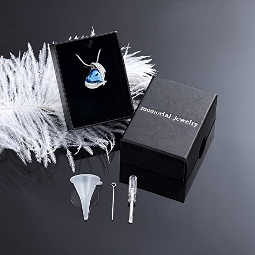 Heart Crystal Cremation Urn Necklace for Ashes, Stainless Steel Cremation Jewelry for Ashes Memorial Pendant Ashes Urn Necklace with Engraving and Filling Kit Blue Crystal