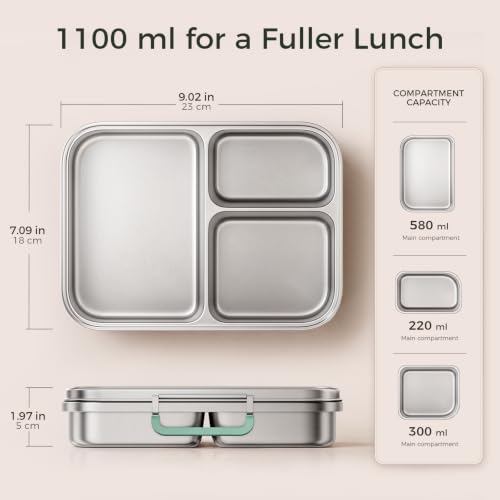 G.a HOMEFAVOR Stainless Steel Lunch Box, Green, 1100 ml/37 oz 37 oz(3-Compartment)
