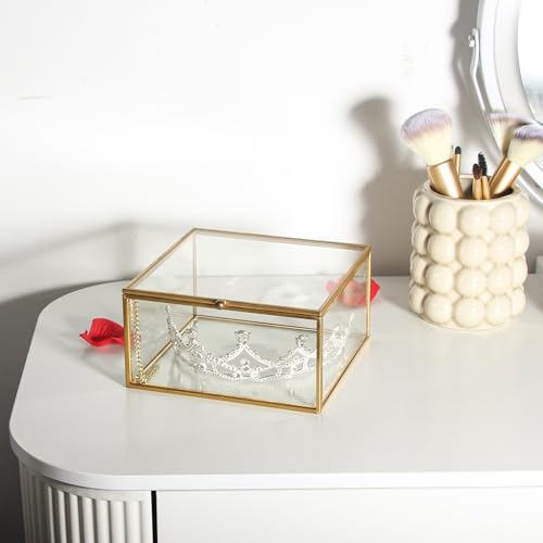 Feyarl Gold Glass Crowns Box Jewelry Trinket Ring Earring Keepsake Wedding Photo Cards Decorative Box Crystal Stones Display Holder Organizer for Birthday Dresser Tabletop（6.3 x 6.3 x 3.35inch