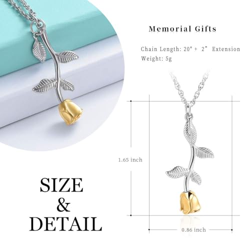 Rose Flower Urn Necklace Cremation Jewelry for Ashes for Women Girls Urn Keepsake Pendant Human Pet Memorial Locket Holder Silver-Gold