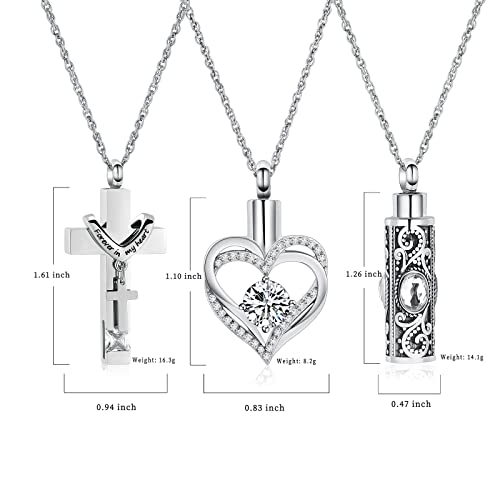 shajwo 3 Pack Urn Necklace for Ashes for Women Gilrs Heart Cross Cylinder Cremation Jewelry for Ashes Memorial Keepsake Birthstone Pendant White
