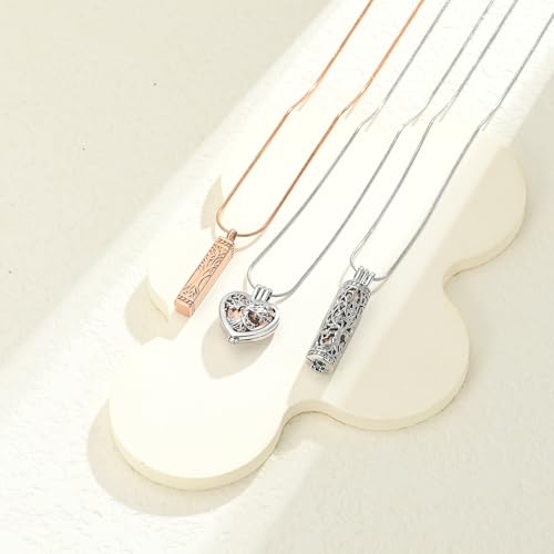 3 Pack Cremation Urn Necklace for Ashes for Women Men Stainless Steel Heart Cylinder Cube Memorial Keepsake Pendant for Holder Loved One Ash Rose-3pc
