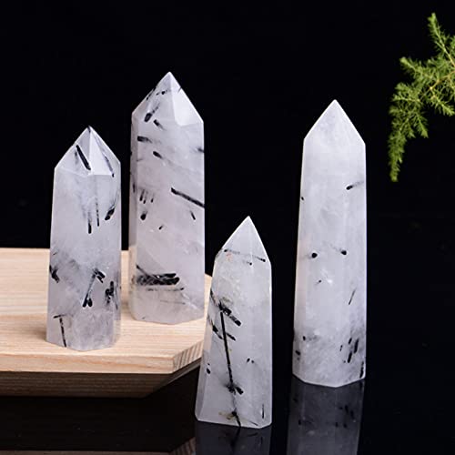 Acxico 1 pcs 7-8cm Natural Tourmaline Black Hair Quartz Crystal Hexagonal Point Wand Healing Reiki