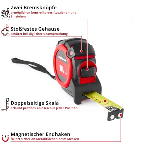 Einhell Tape Measure 10 m | Autolock | Nylon Coating | Magnetic End Hook | Double Sided Scale | Shockproof Housing