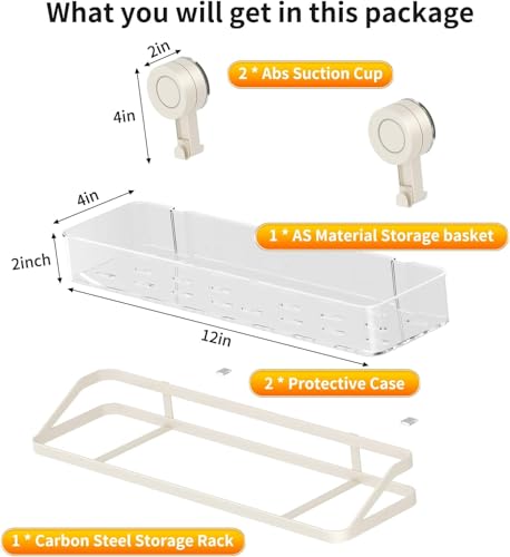 Two white Bxmeet suction cup shower caddies with adjustable shelves, ideal for bathroom organization and storage.