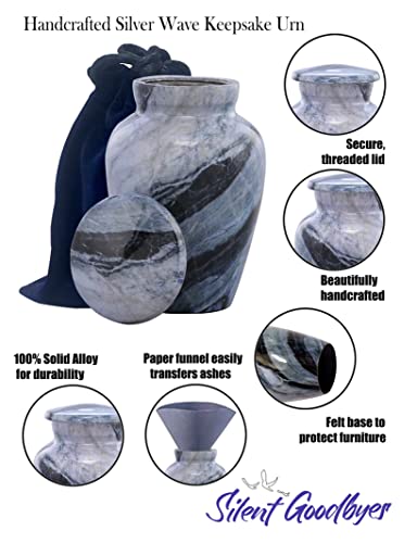 Small Keepsake Cremation Urns for Human Ashes - Marble Finish Metal Keepsake Urn - Mini Cremation Urn for Pet Ashes - Handcrafted Memorial Urn - Funeral Urns with Velvet Bag (Silver Wave) Silver Wave