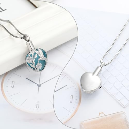 XSMZB Cremation Ashes Jewelry Hhummingbird Flower Urn Necklace for Ashes Human Pet Funeral Memorial Pendant Heart Moonstone Keepsake Silver