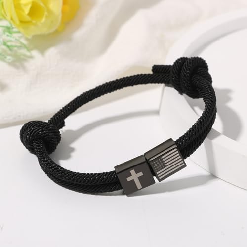 JewelryWe American Flag Cross Bracelet: Men Black Stainless Steel Christian Inspirational Adjustable Cord Courage Faith Religious Bracelets black-c
