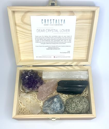 CRYSTALYA Premium Raw Crystals and Healing Stones in Wooden Gift Box Set + 50pg EBOOK + Info Guide – 7pcs Large 2-2.5” Natural Raw Crystals, Collection, Yoga, Reiki, Made in U.S.A