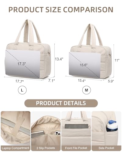 Lunch Tote Bag for Women Work, 15.6 Inch Laptop Purse with Insulated Lunch Compartment Coin Wallet for Meal, Large Puffy Quilted Travel Duffle Bag Medium-15.4" Beige