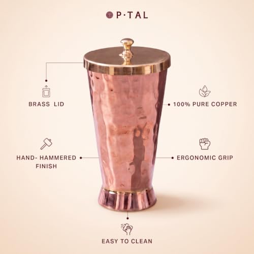 P-TAL Pure Copper Tumbler Glass - (20 Fl Oz, 600 mL) Cup with Brass Lid